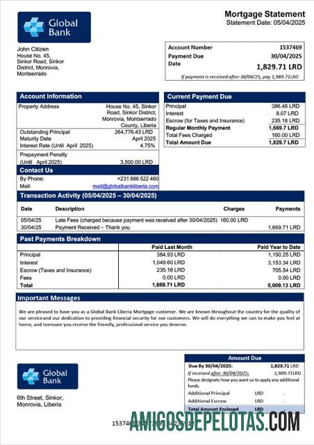 para download Libéria Global Bank Libéria Declaração de hipoteca Word e modelo PDF